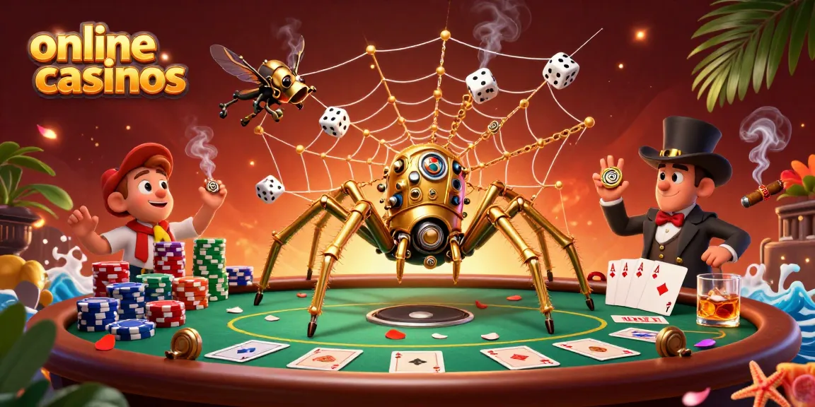 Experience online casinos with a steampunk golden spider, poker chips, and colorful game elements.