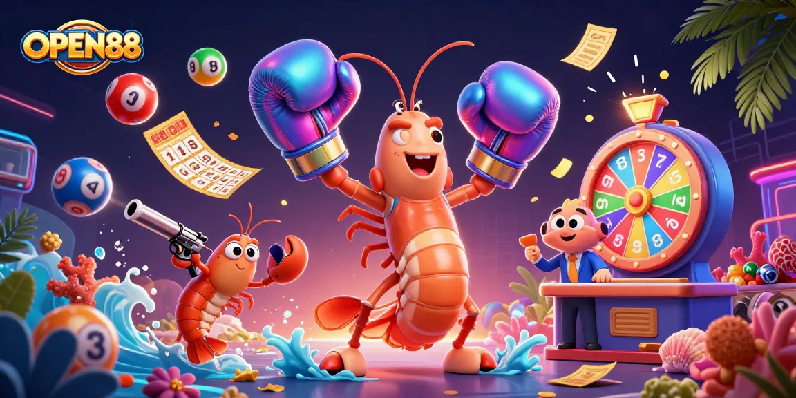 Engage with OPEN88's thrilling lottery experience featuring vibrant game elements and energetic characters.
