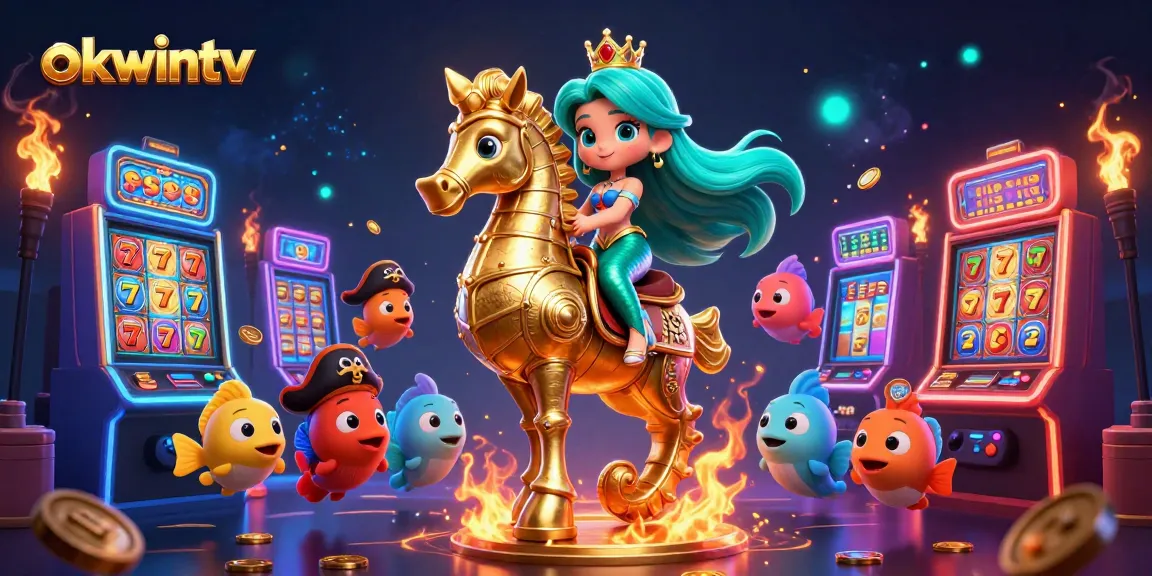 Experience the thrill of okwintv, a vibrant 3D scene showcasing a mermaid enjoying interactive slot machines.