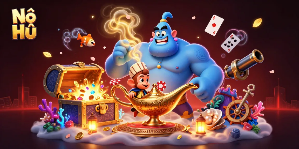 Experience Nổ Hũ with a vibrant scene of magical characters and treasure elements from the slot game.