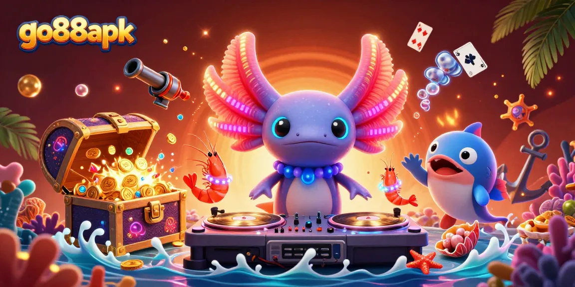 Engage with go88apk's vibrant gaming world featuring a neon axolotl DJ, exciting underwater treasures and casino elements.