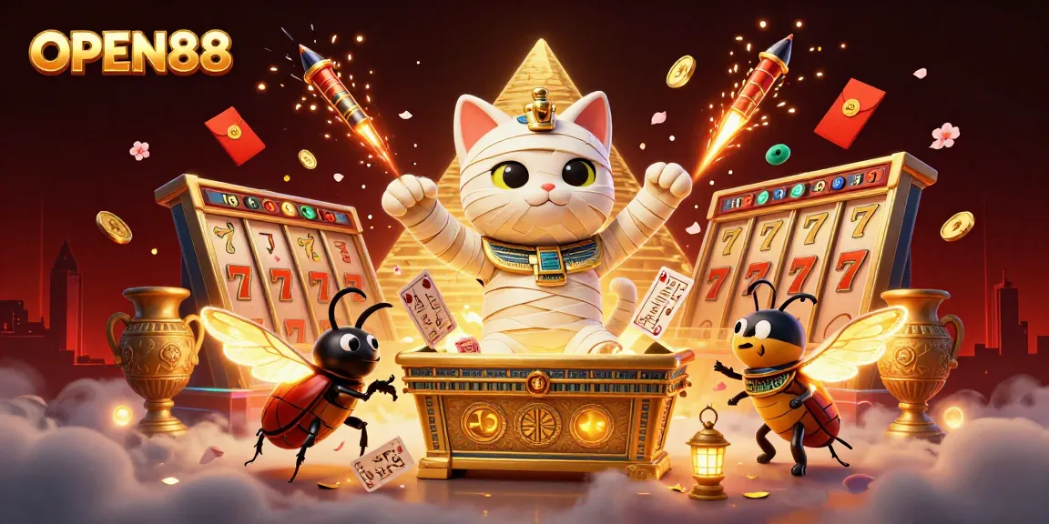 Engage with the thrilling world of OPEN88 as a cartoon mummy cat interacts with slot reels and floating cards.