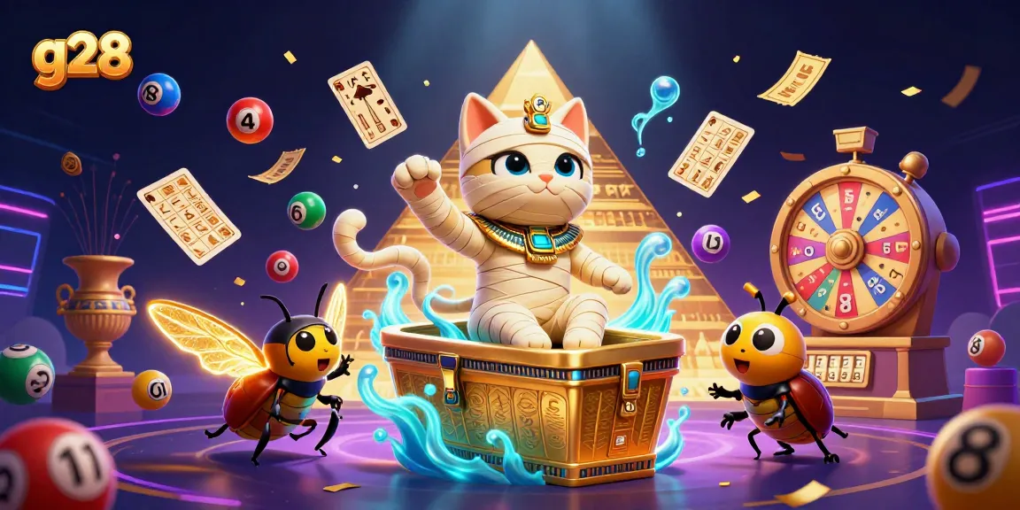 Experience the thrill of g28 with a vibrant casino scene featuring a mummy cat and lottery elements.