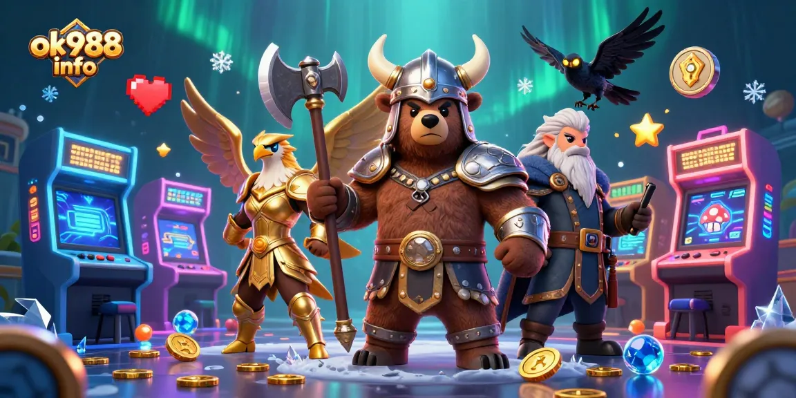 Engage with ok988 info's vibrant gaming scene featuring a Viking bear and Valkyrie in action.