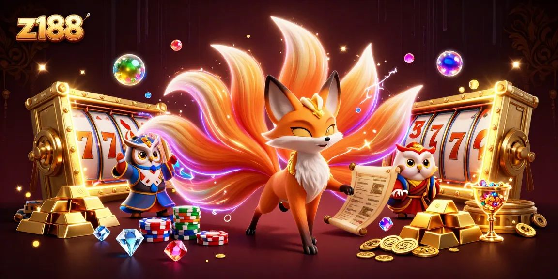 Experience z188 casino thrills with a vibrant nine-tailed fox and owl amidst dazzling treasures!