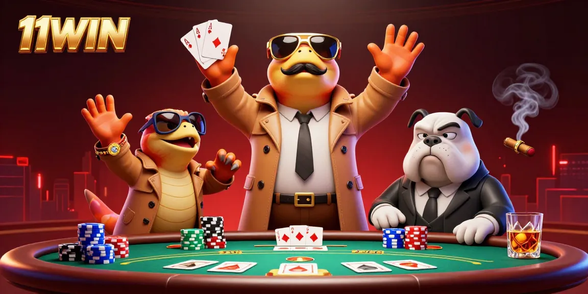 Experience excitement at 11WIN with playful raptors and a bouncer in a bustling casino scene.