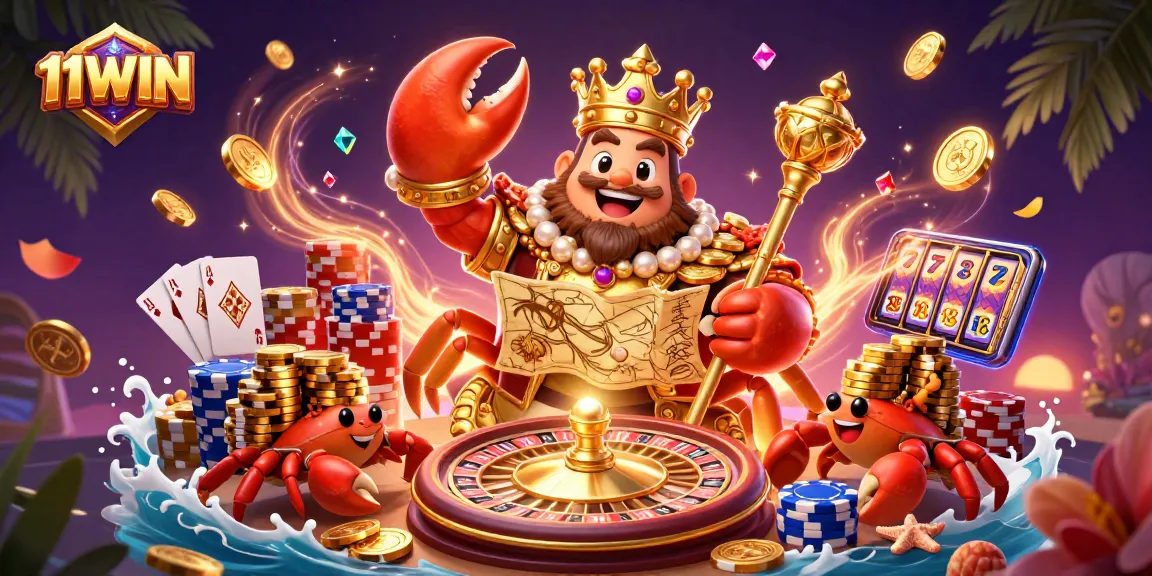 Experience the excitement of winning at 11WIN with a vibrant 3D casino scene filled with treasures.