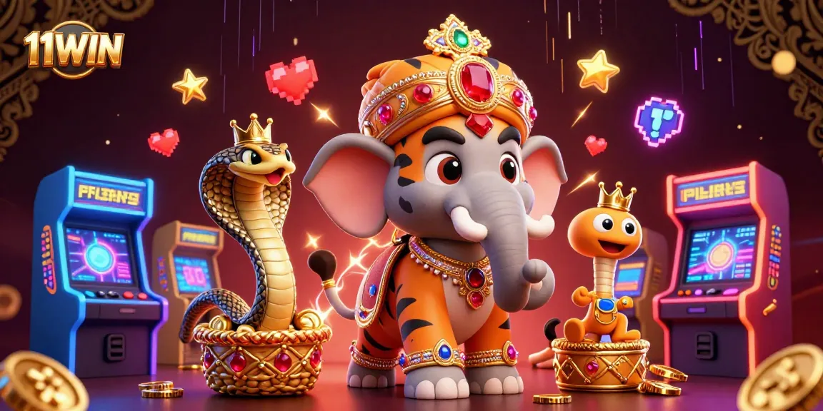 Engage with 11WIN at our vibrant casino scene featuring a maharaja tiger and glowing arcade elements.