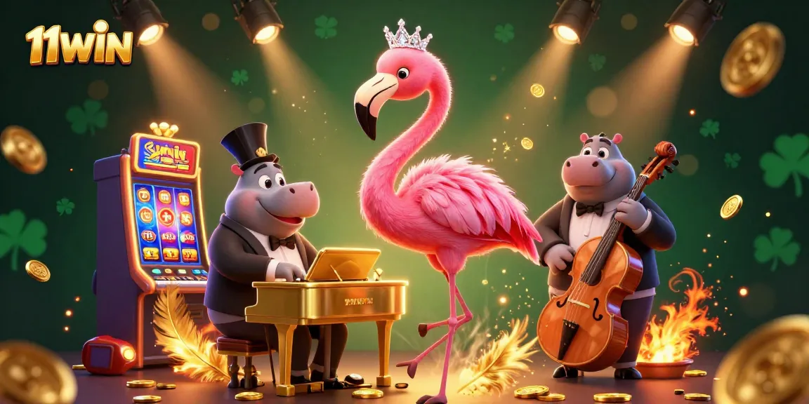 Experience the thrilling entertainment at 11WIN with a lively casino scene featuring cartoon characters and slot machines.