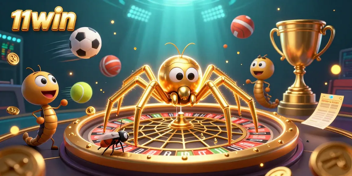 Engage with 11WIN's thrilling betting scene featuring a spider, fly, and croupier dynamic mix.