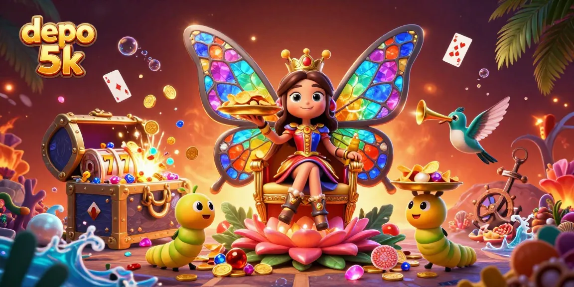 Spin to win at depo 5k with a vibrant butterfly queen and dazzling casino elements.
