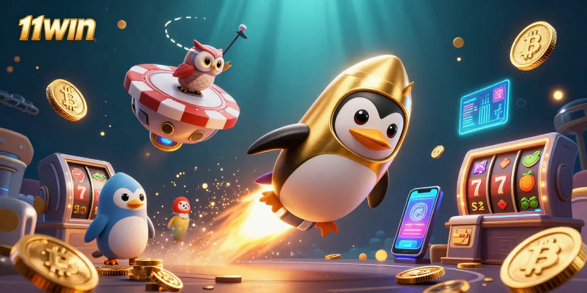 Experience thrilling gaming action with 11WIN, featuring a penguin and slot elements in space.