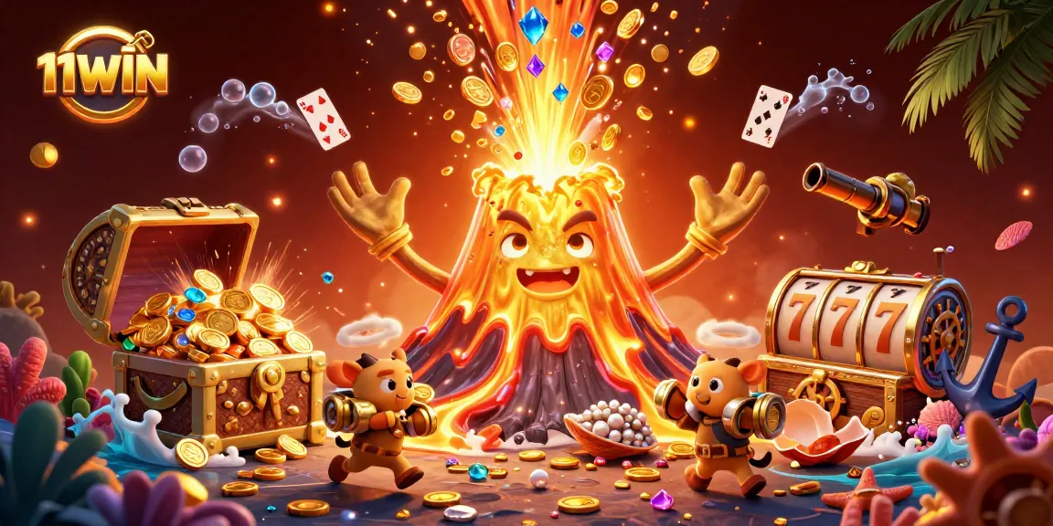 Experience the thrill of 11WIN with a vibrant casino scene featuring a golden volcano and treasures.