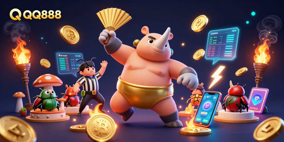 Betting with QQ888, a cartoon rhinoceros beetle sumo champion stomping to send coins flying in a 3D casino.