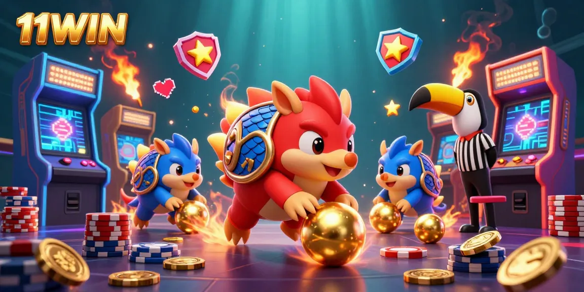 Experience the thrill of 11WIN with competitive pangolins bowling through poker chips in a vibrant casino scene.