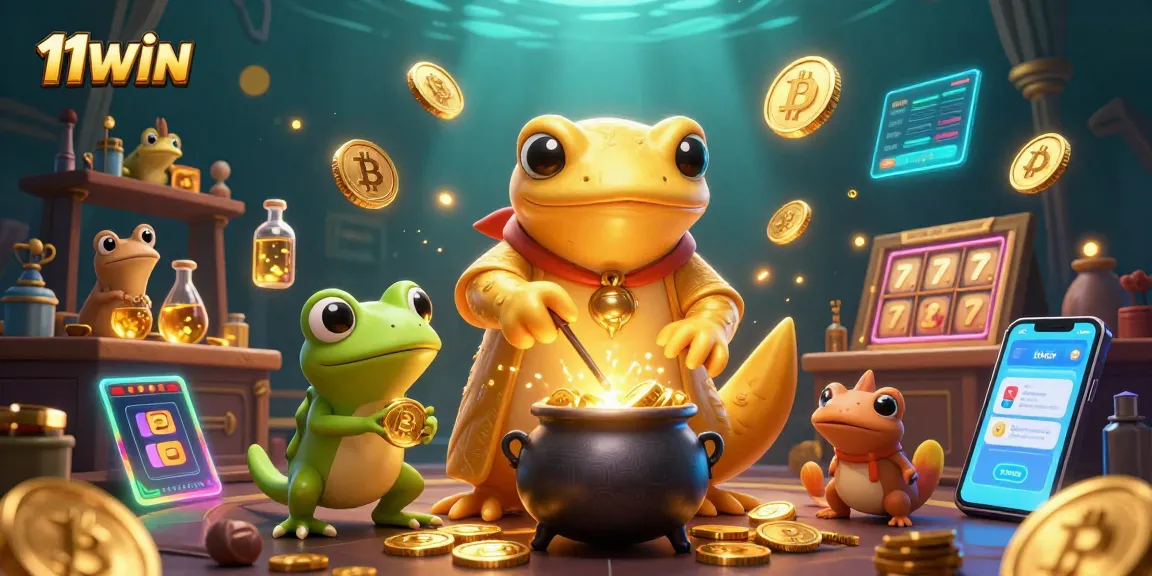 Engage with 11WIN’s vibrant casino ambiance featuring a golden salamander, crypto coins, and slot elements.