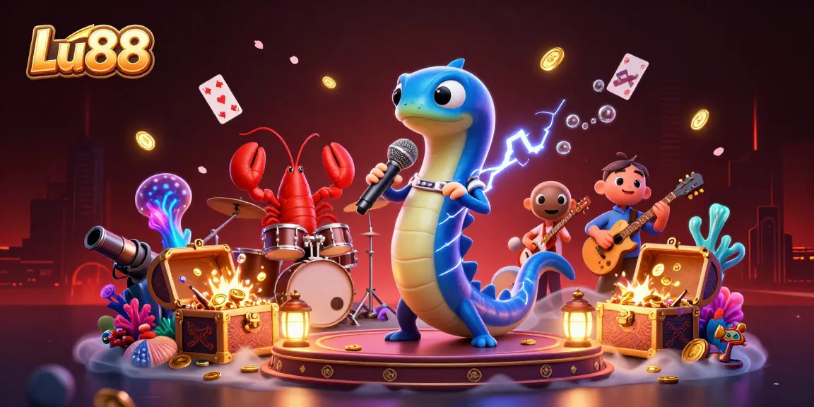 Lu88 underwater casino scene featuring an electric eel DJ with treasure and playing cards
