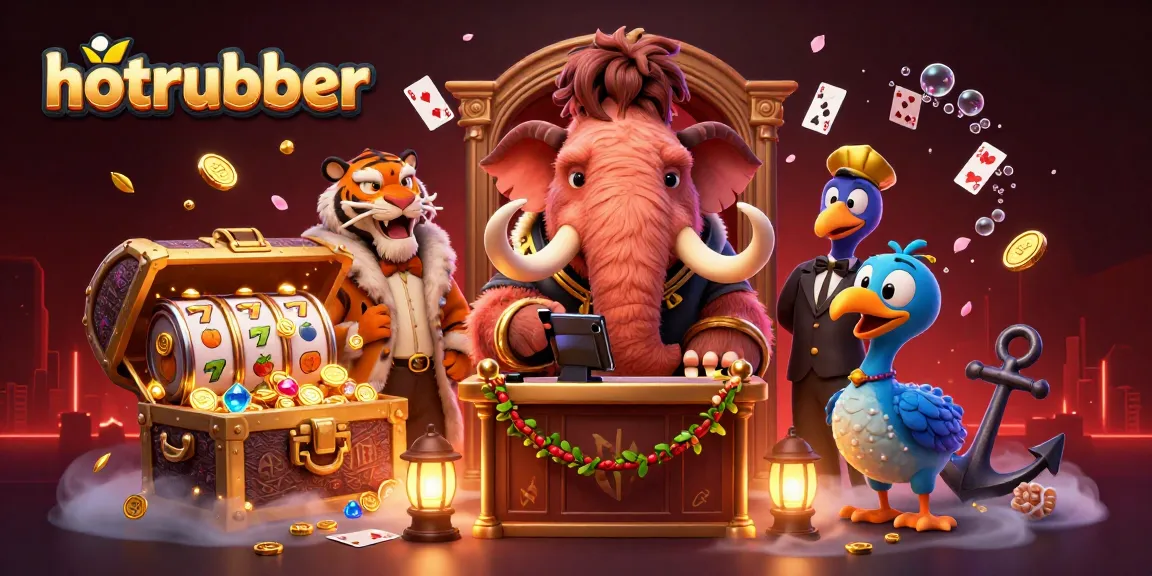 Engage with hotrubber's vibrant casino atmosphere featuring lively cartoon characters and dynamic slot elements.