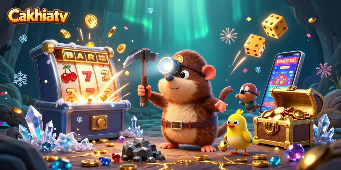 Cakhiatv engages players with a vibrant 3D illustration of a treasure hunter surrounded by slot machines and gold.
