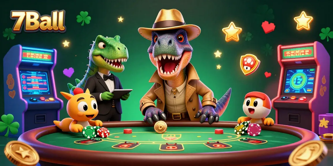 Experience 7Ball's vibrant gaming world with a velociraptor card counter and stegosaurus pit boss in a casino